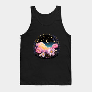 Aesthetic Clouds Starry Sky with Pink Flowers Tank Top